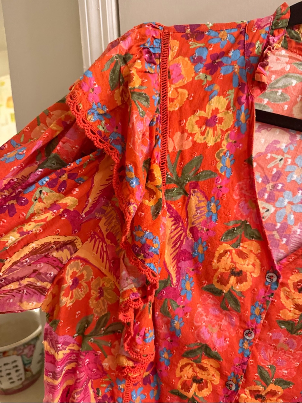 FARM Rio Coral & Yellow Floral Ruffle Button-Up Blouse - Picture 2 of 6